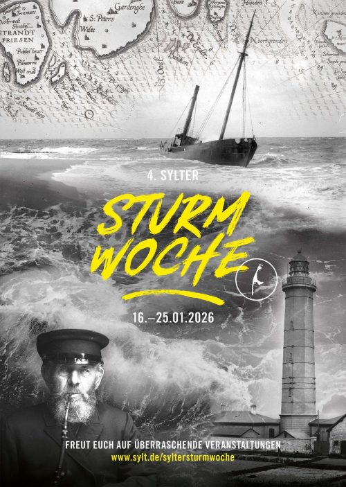 Plakat zur Sylter Sturmwoche 2026 mit Sturmsee, Leuchtturm und historischem Motiv